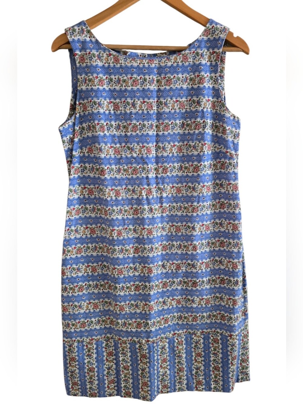 Cottagecore Vintage Blue Calico Floral Stripe Shift Dress Prairie Mod 70s - Picture 3 of 10